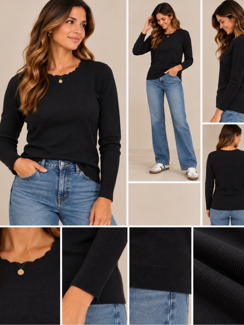 41 Hawthorn Black Scallop Neck Lightweight Sweater